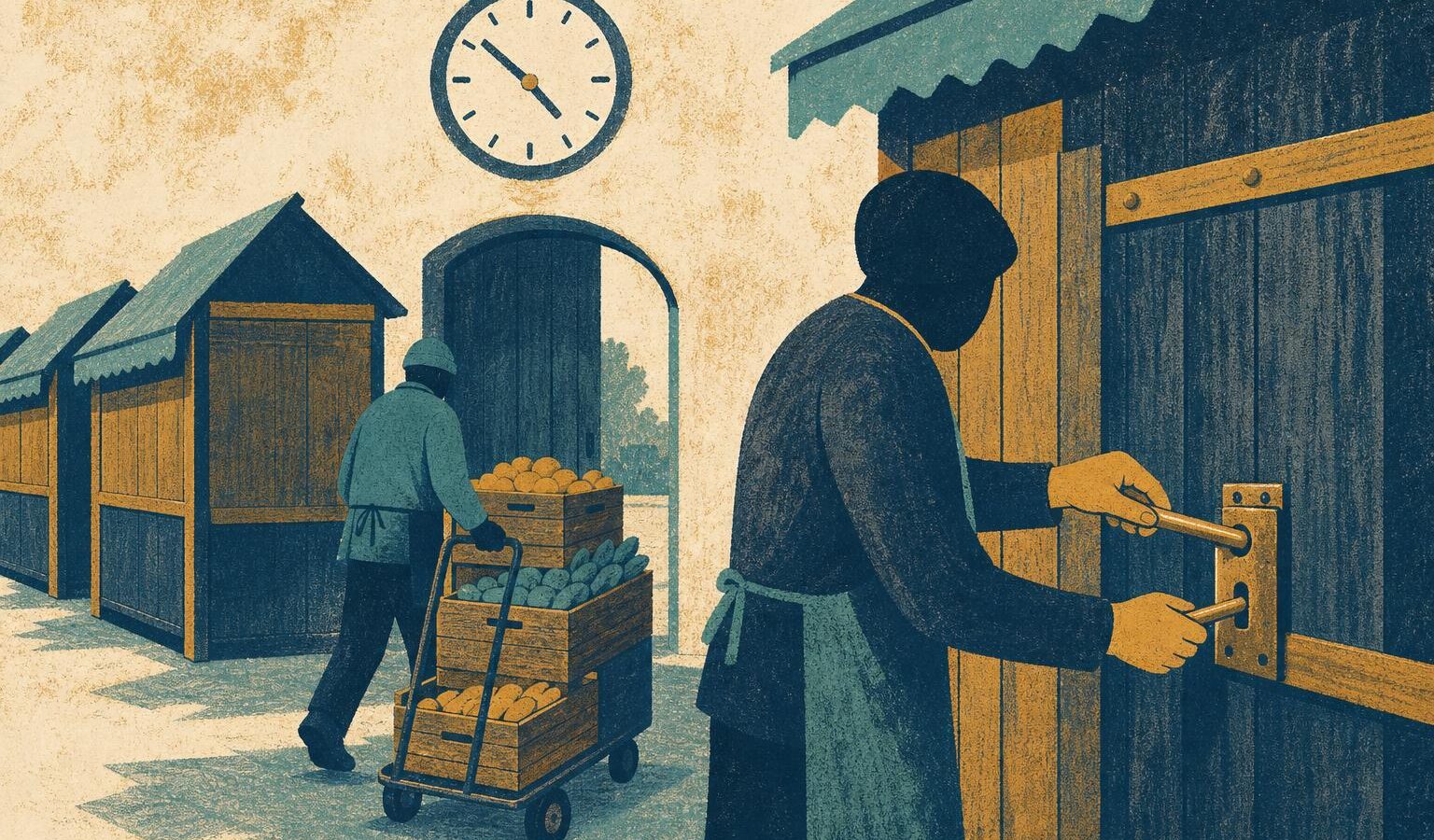 Illustration of market stalls closing for the day as regulated platforms wind down non-compliant stablecoin services