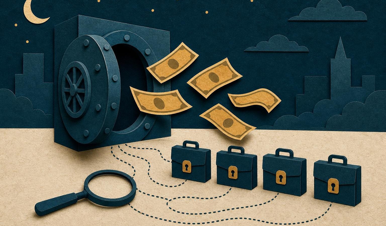 Collage-style illustration of an open vault with five currency strips flying toward locked briefcases traced by a magnifying glass