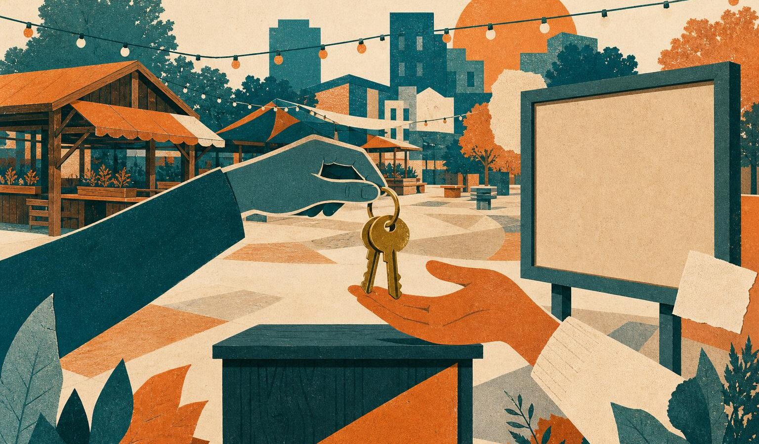 Illustration of keys changing hands at a community plaza, symbolizing a social platform passing to new ownership and new rules