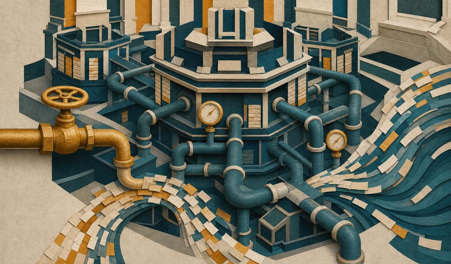 Illustration of exchange floor machinery reworked as a pipe network with an outside valve feeding in, in a three-colour cut-paper collage style