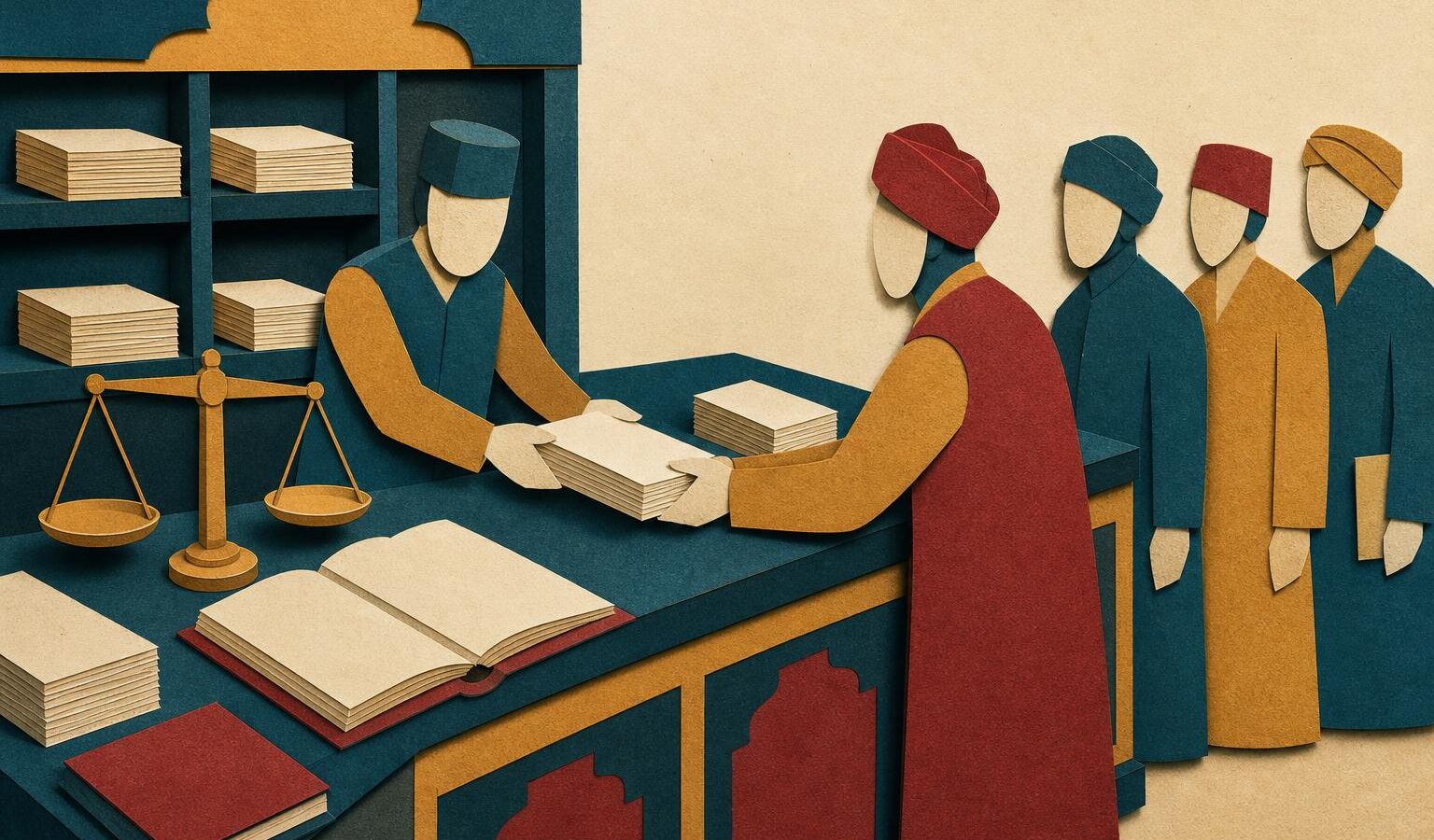 Cut-paper illustration of a counting room where vouchers move freely across a counter, symbolising a stablecoin with no minting or redemption fees