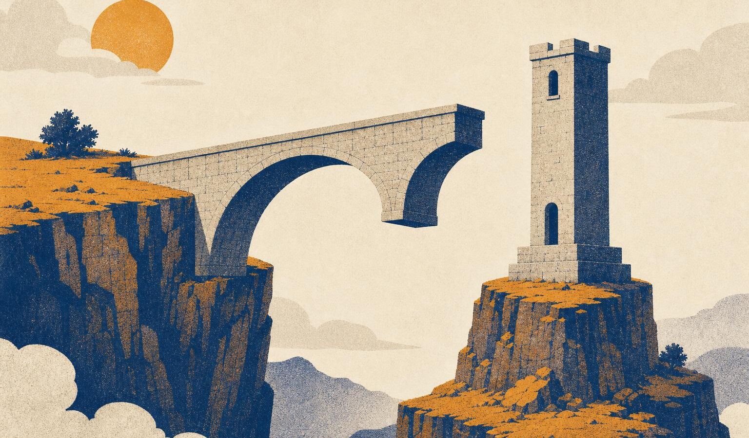 Editorial illustration of a stone bridge with a detached section beside a freestanding tower
