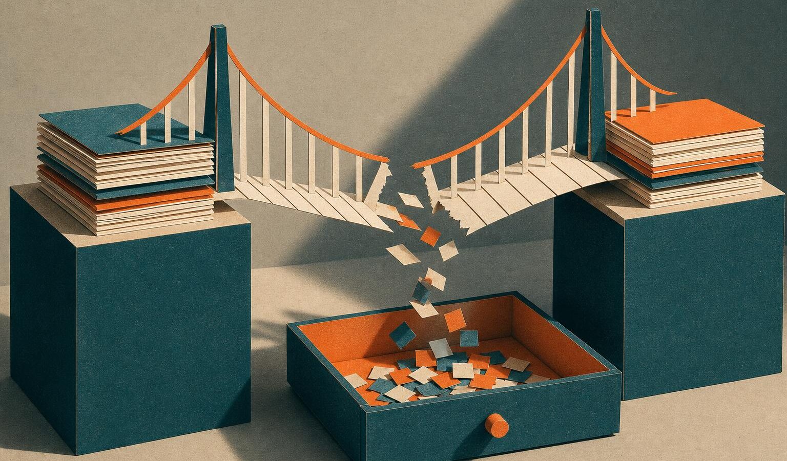 Illustration of a torn paper-strip bridge between two pedestals, tokens spilling through the gap, symbolizing a bridge exploit
