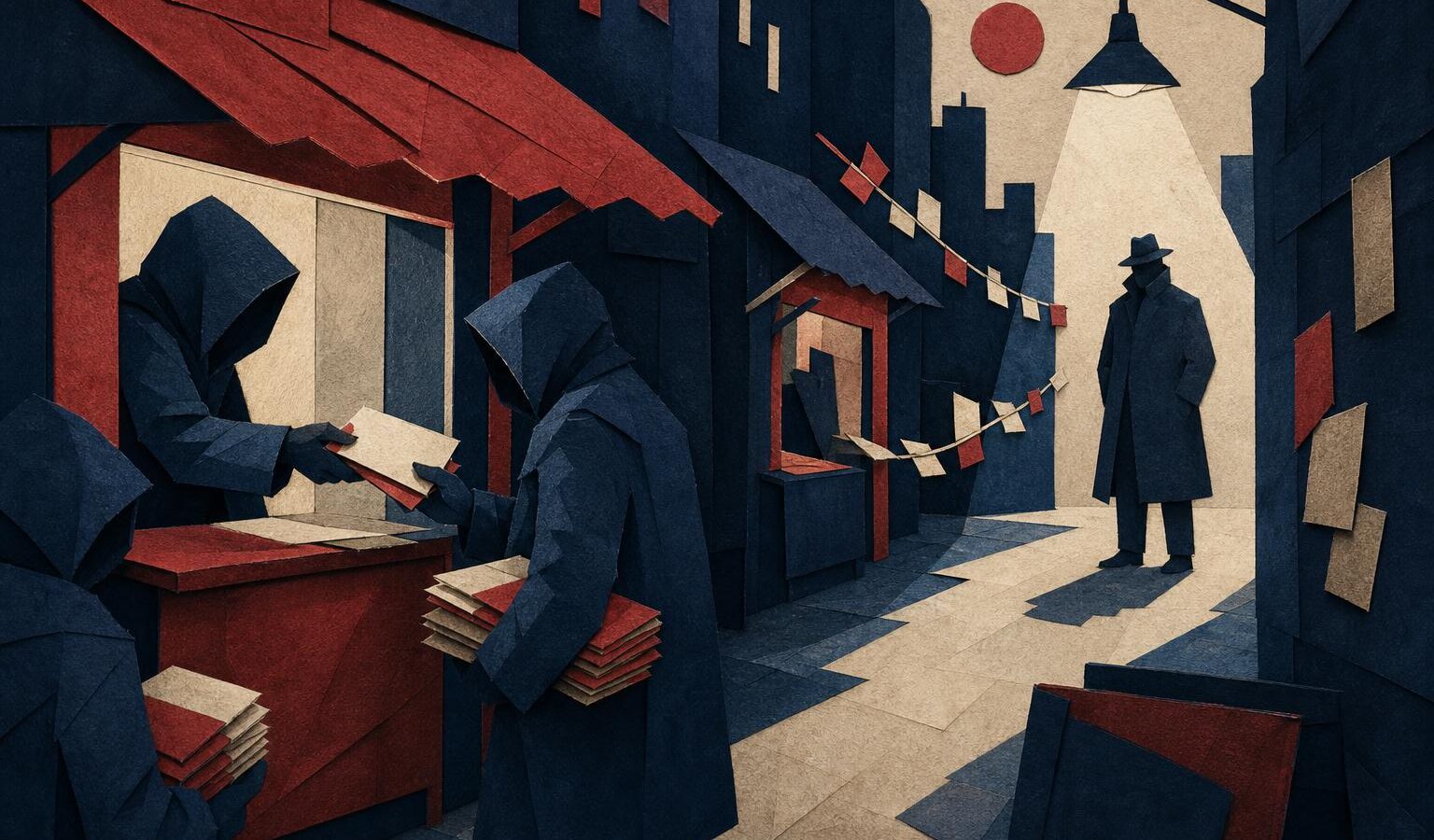 Cut-paper collage illustration of a hooded figure passing bundles through a market stall window while a detective observes under a street lamp